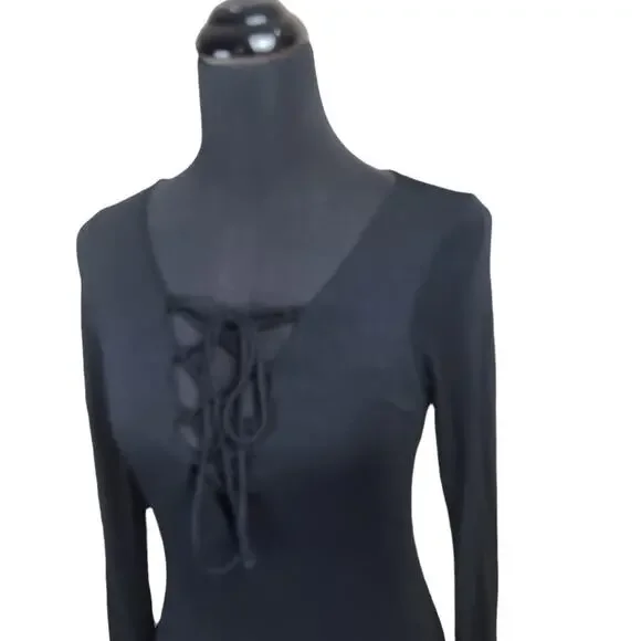 Lulu's Dress Size Large Lace Up Front Bodycon Long Sleeve Black Mini Dress - Picture 5 of 8
